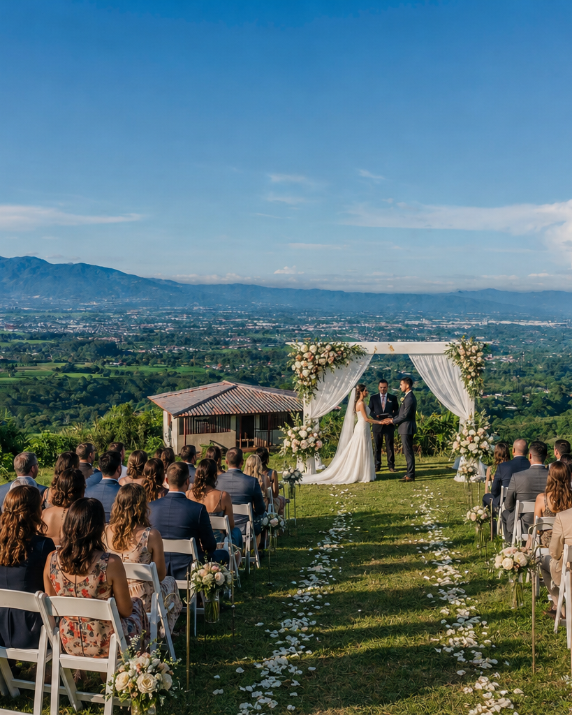 Floral wedding altar on the lawn at El Cerro with the Central Valley behind