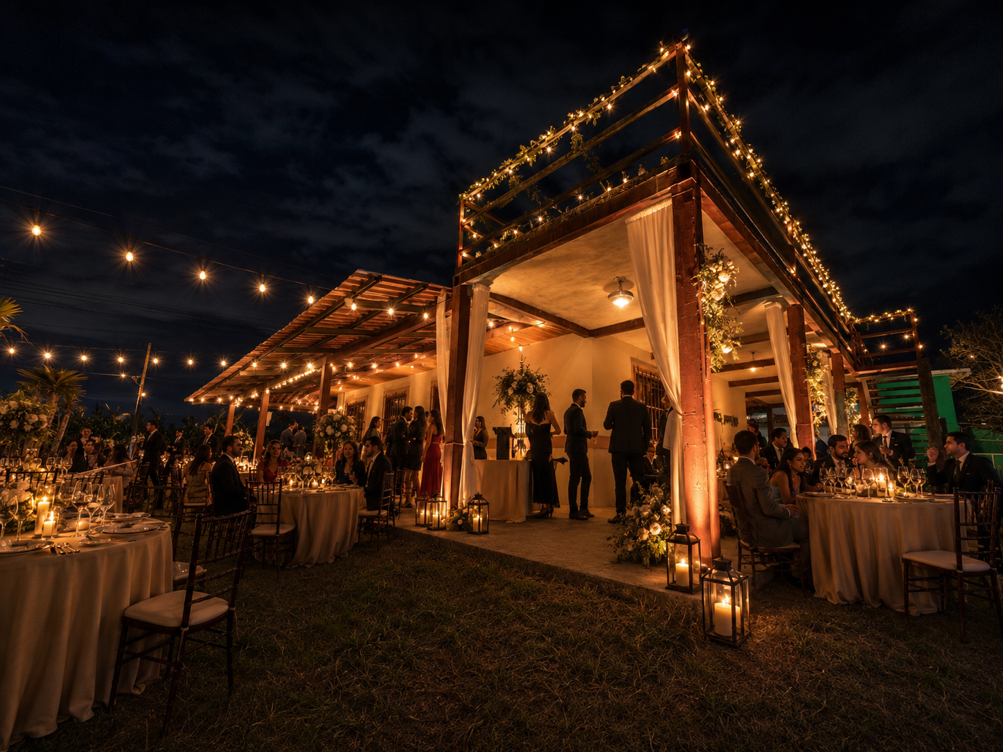 The Dining Terrace — long tables under string lights with the valley glittering beyond