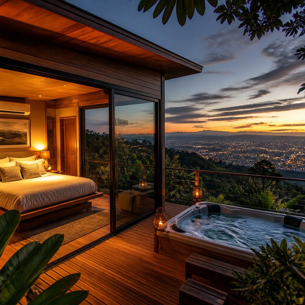 Concept view of The Summit Villa — a glass-walled villa with a private deck and jacuzzi at the highest point of the hill